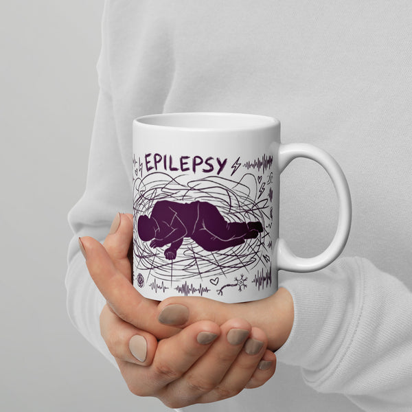 ILLTOCHILL Epilepsy awareness and support gift White glossy mug – Lifestyle 3 Handle on Right