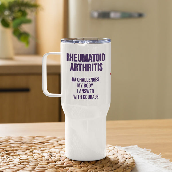 ILLTOCHILL RA awareness Rheumatoid Arthritis support gift Travel mug with a handle – Lifestyle 2 Right