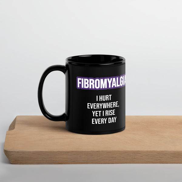 ILLTOCHILL Fibromyalgia awareness fibro gift Black Glossy Mug – Lifestyle 3 Handle on Left