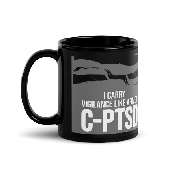 ILLTOCHILL CPTSD awareness Complex Post-Traumatic Stress disorder gift Black Glossy Mug – Flat Handle on Left