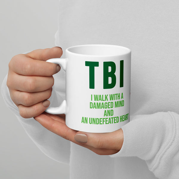 ILLTOCHILL TBI Traumatic brain injury support gift white glossy mug – Lifestyle 3 Handle on Left