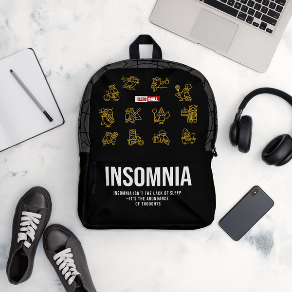 ILLTOCHILL Insomnia Night Owl Backpack – Flat Lifestyle Front (Black)