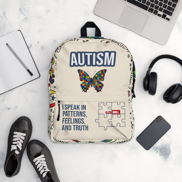 ILLTOCHILL Autism Awareness Backpack – Flat Lifestyle Front (Clear)