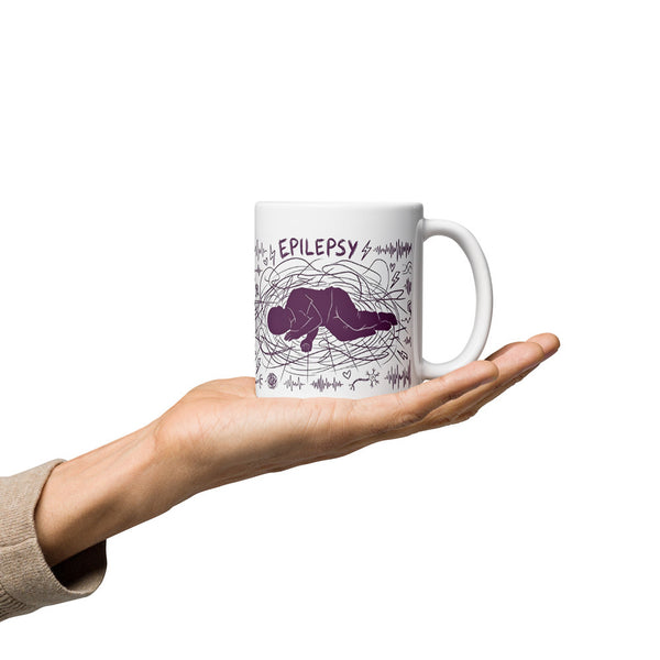 ILLTOCHILL Epilepsy awareness and support gift White glossy mug – Lifestyle 2, Premium Handle on Right
