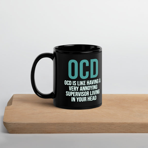 ILLTOCHILL OCD awareness Obsessive-Compulsive Disorder gift Black Glossy Mug – Lifestyle 3 Handle on Left