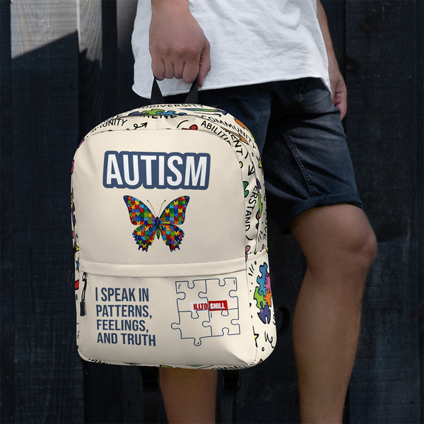 ILLTOCHILL Autism Awareness Backpack – Men's Lifestyle Left (Clear)