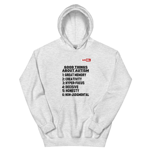 Ash Hoodie Front 1 - ILLTOCHILL Autism awareness 'Good things about autism list' Autistic support gift Unisex Hoodie