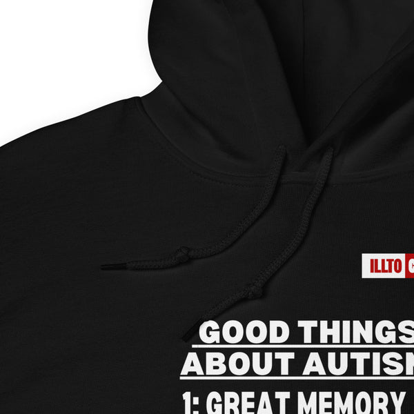Black Hoodie Detail 1 - ILLTOCHILL Autism awareness 'Good things about autism list' Autistic support gift Unisex Hoodie