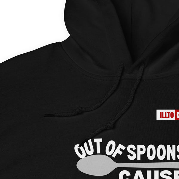 Black Hoodie Detail 1 - ILLTOCHILL Fibromyalgia awareness 'Out of Spoons' funny fibro gift Unisex Hoodie.