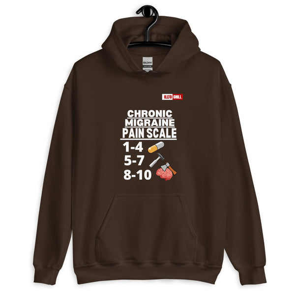Dark Chocolate Hoodie Front 2 - ILLTOCHILL Chronic Migraine 'Pain scale' migraine awareness gift Unisex Hoodie.