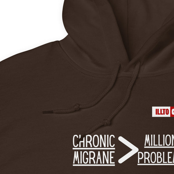 Dark Chocolate Hoodie Detail 1 - ILLTOCHILL 'Chronic migraine greater than Million problems' migraie awareness gift Unisex Hoodie.