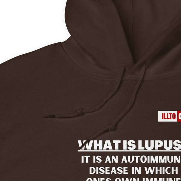 Dark Chocolate Hoodie Detail 1 - ILLTOCHILL Lupus autoimmune disease awareness 'What is lupus' gift Unisex Hoodie.