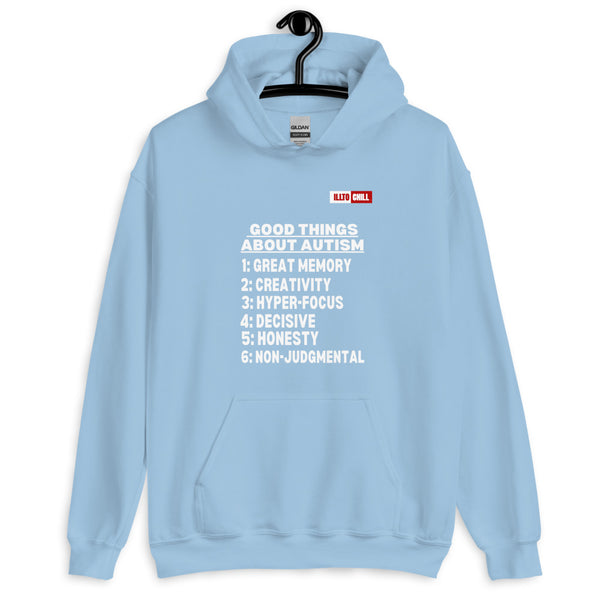 Light Blue Hoodie Front 2 - ILLTOCHILL Autism awareness 'Good things about autism list' Autistic support gift Unisex Hoodie