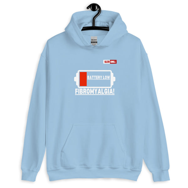 Light Blue Hoodie Front 2 - ILLTOCHILL Fibromyalgia awareness 'Battery Low' funny fibro gift Unisex Hoodie.