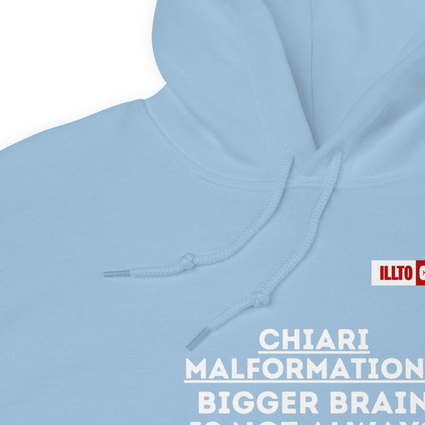 Light Blue Hoodie Detail 1 - ILLTOCHILL CM Chiari Malformation 'Bigger brain Bigger problem' Gift Unisex Hoodie.