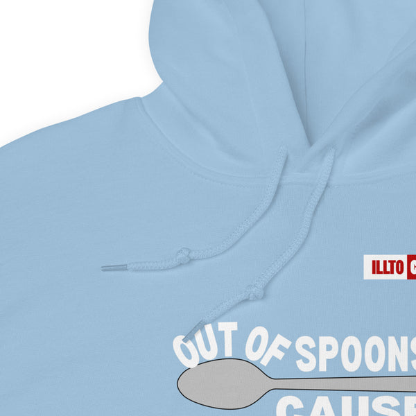 Light Blue Hoodie Detail 1 - ILLTOCHILL Fibromyalgia awareness 'Out of Spoons' funny fibro gift Unisex Hoodie.