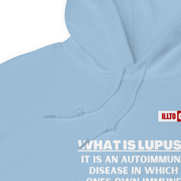 Light Blue Hoodie Detail 1 - ILLTOCHILL Lupus autoimmune disease awareness 'What is lupus' gift Unisex Hoodie.