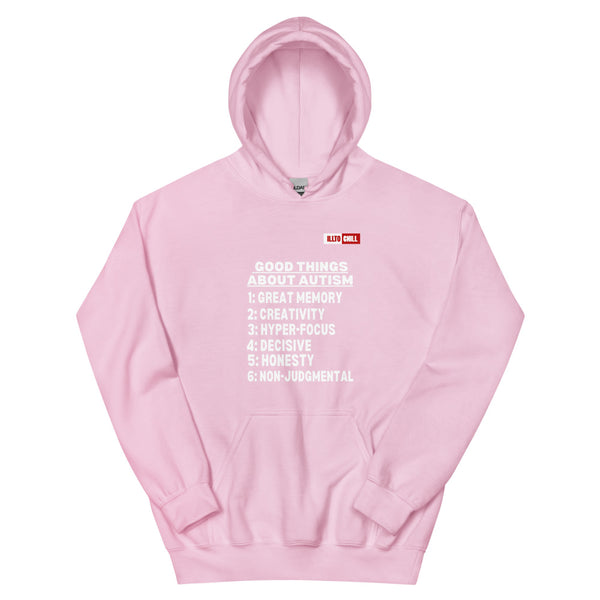 Light Pink Hoodie Front 1 - ILLTOCHILL Autism awareness 'Good things about autism list' Autistic support gift Unisex Hoodie