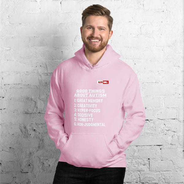 Light Pink Hoodie Front 3 - ILLTOCHILL Autism awareness 'Good things about autism list' Autistic support gift Unisex Hoodie