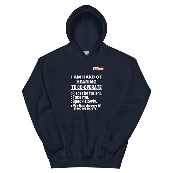 Navy Hoodie Front 1 - ILLTOCHILL Hard of hearing 'Co-opration Steps' hearing impaired gift Unisex Hoodie.