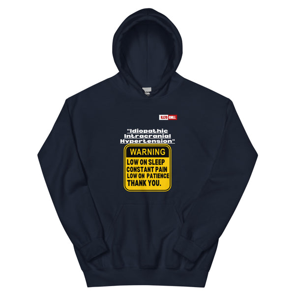 Navy Hoodie Front 1 - ILLTOCHILL ILLTOCHILL Idiopathic intracranial hypertension awareness 'Warning sign' IIH gift Unisex Hoodie.
