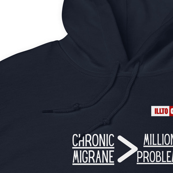 Navy Hoodie Detail 1 - ILLTOCHILL 'Chronic migraine greater than Million problems' migraie awareness gift Unisex Hoodie.