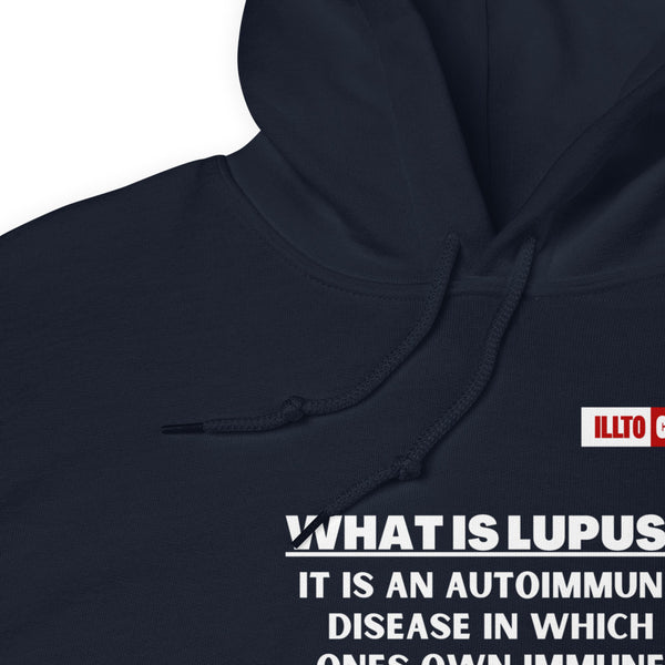 Navy Hoodie Detail 1 - ILLTOCHILL Lupus autoimmune disease awareness 'What is lupus' gift Unisex Hoodie.