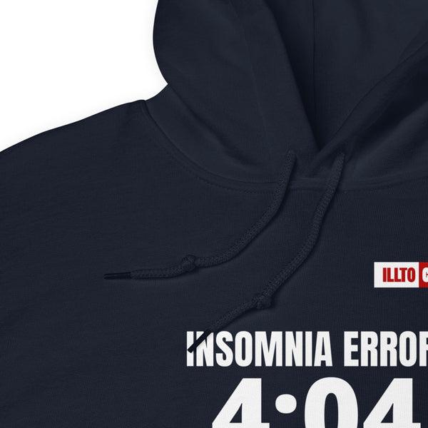 Navy Hoodie Detail 1 - ILLTOCHILL 'Insomnia Error 404 sleep not found' funny insomnia awareness gift Unisex Hoodie.