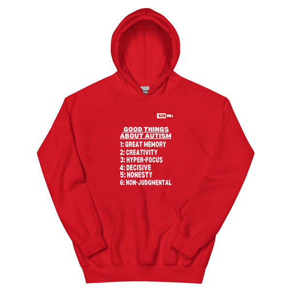 Red Hoodie Front 1 - ILLTOCHILL Autism awareness 'Good things about autism list' Autistic support gift Unisex Hoodie