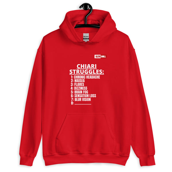 Red Hoodie Front 2 - ILLTOCHILL CM Chiari Malformation awareness, Chiari Struggles Infinite List gift Unisex Hoodie.