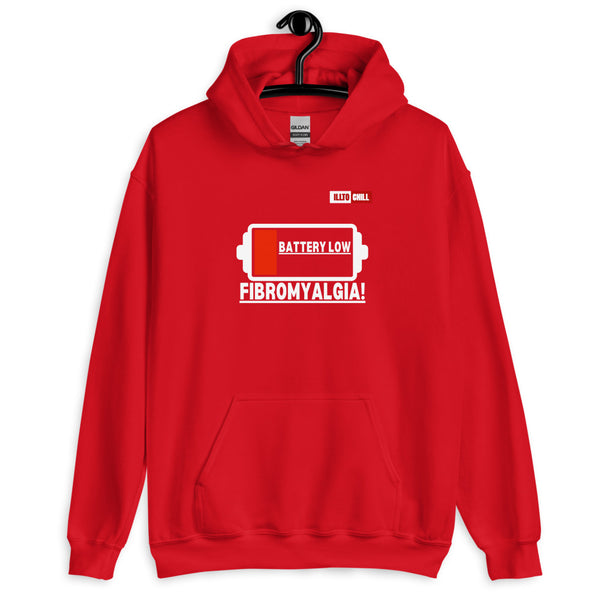 Red Hoodie Front 2 - ILLTOCHILL Fibromyalgia awareness 'Battery Low' funny fibro gift Unisex Hoodie.