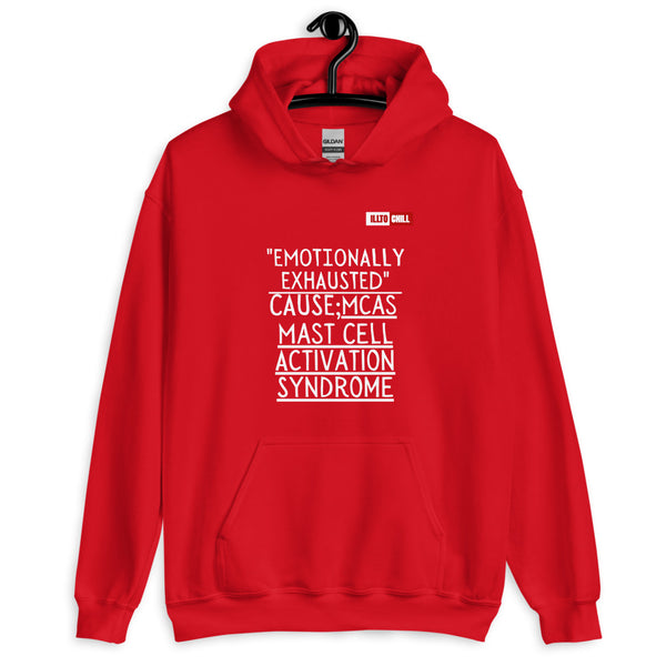 Red Hoodie Front 2 - ILLTOCHILL Mast Cell Activation Syndrome awareness 'Emotionally Exhausted by MCAS' gift Unisex Hoodie.