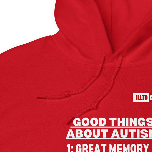 Red Hoodie Detail 1 - ILLTOCHILL Autism awareness 'Good things about autism list' Autistic support gift Unisex Hoodie