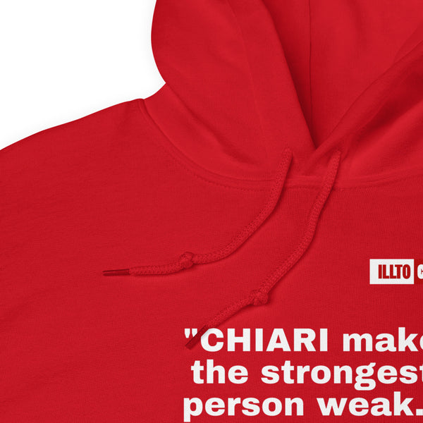 Red Hoodie Detail 1 - ILLTOCHILL CM Chiari Malformation Awareness, 'Chiari makes the weakest peron strongest' Gift Unisex Hoodie.