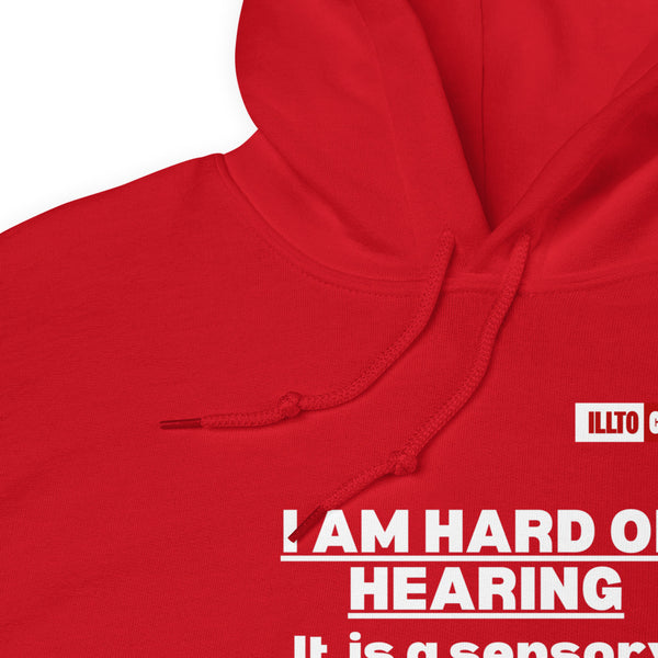 Red Hoodie Detail 1 - ILLTOCHILL Hard of hearing is a sensory difference, hearing loss awareness gift Unisex Hoodie.
