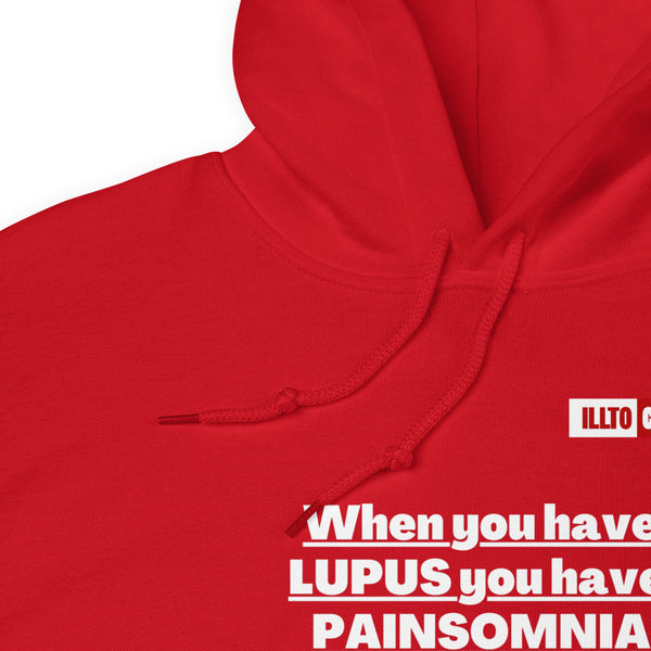 Red Hoodie Detail 1 - ILLTOCHILL 'Lupus Painsomnia' Autoimmune disease lupus awareness gift Unisex Hoodie.