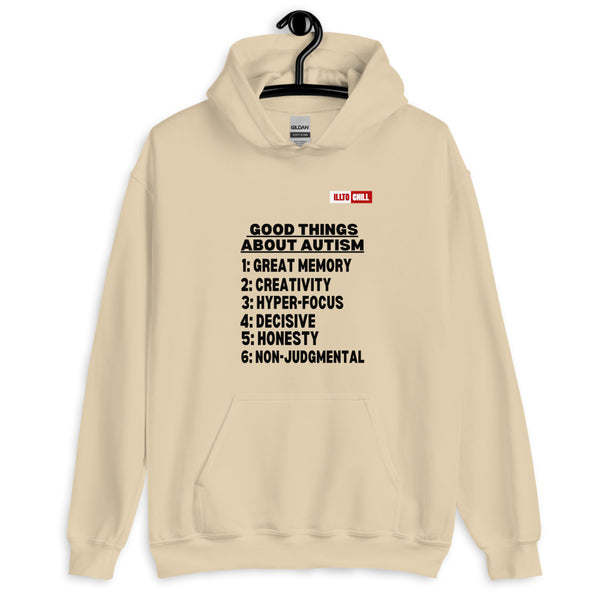 Sand Hoodie Front 2 - ILLTOCHILL Autism awareness 'Good things about autism list' Autistic support gift Unisex Hoodie