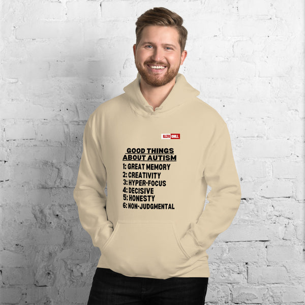 Sand Hoodie Front 3 - ILLTOCHILL Autism awareness 'Good things about autism list' Autistic support gift Unisex Hoodie