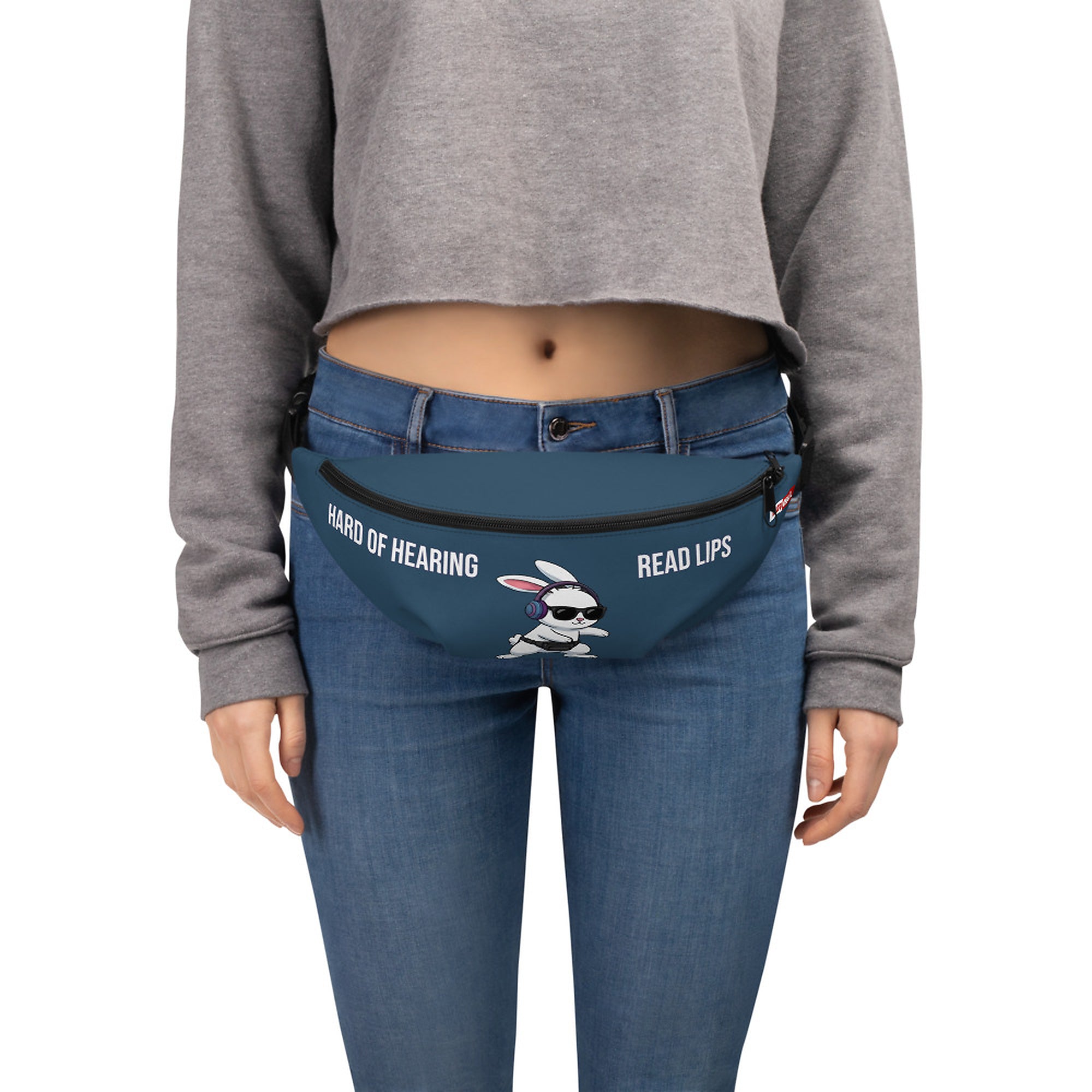 ILLTOCHILL Hard of Hearing Awareness Fanny Pack – Women's Front (Black)