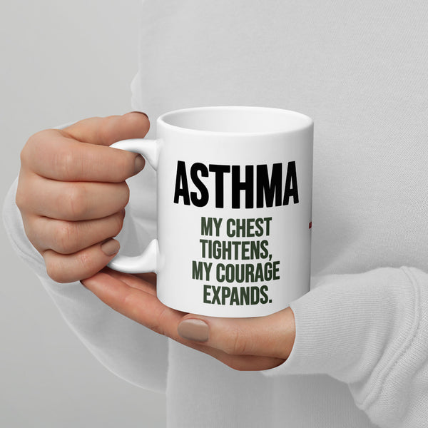 ILLTOCHILL Asthma awareness and support gift White glossy mug – Lifestyle 3 Handle on Left