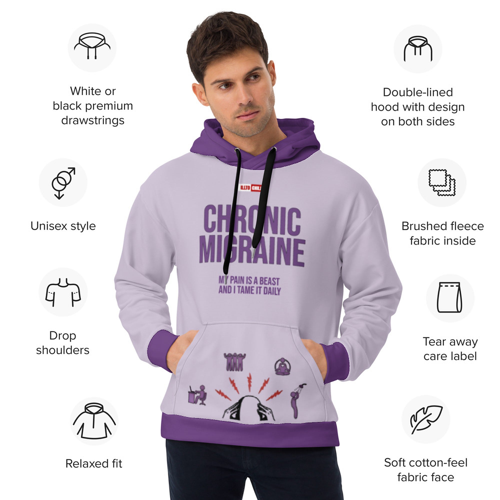 ILLTOCHILL Chronic Migraine awareness and support gift Heavyweight Unisex Hoodie – Product specs Front (Black)