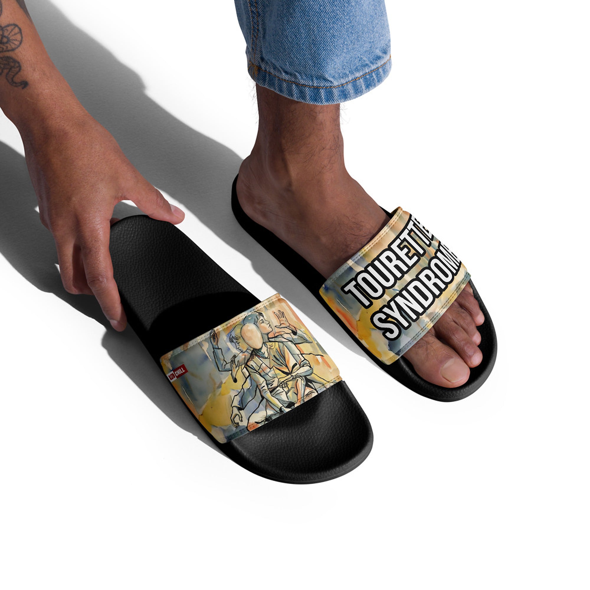 ILLTOCHILL Tourette's Syndrome Awareness Men's Slides – Men's Lifestyle 2 Right Front (Tourette's Syndrome Awareness Men's Slides)