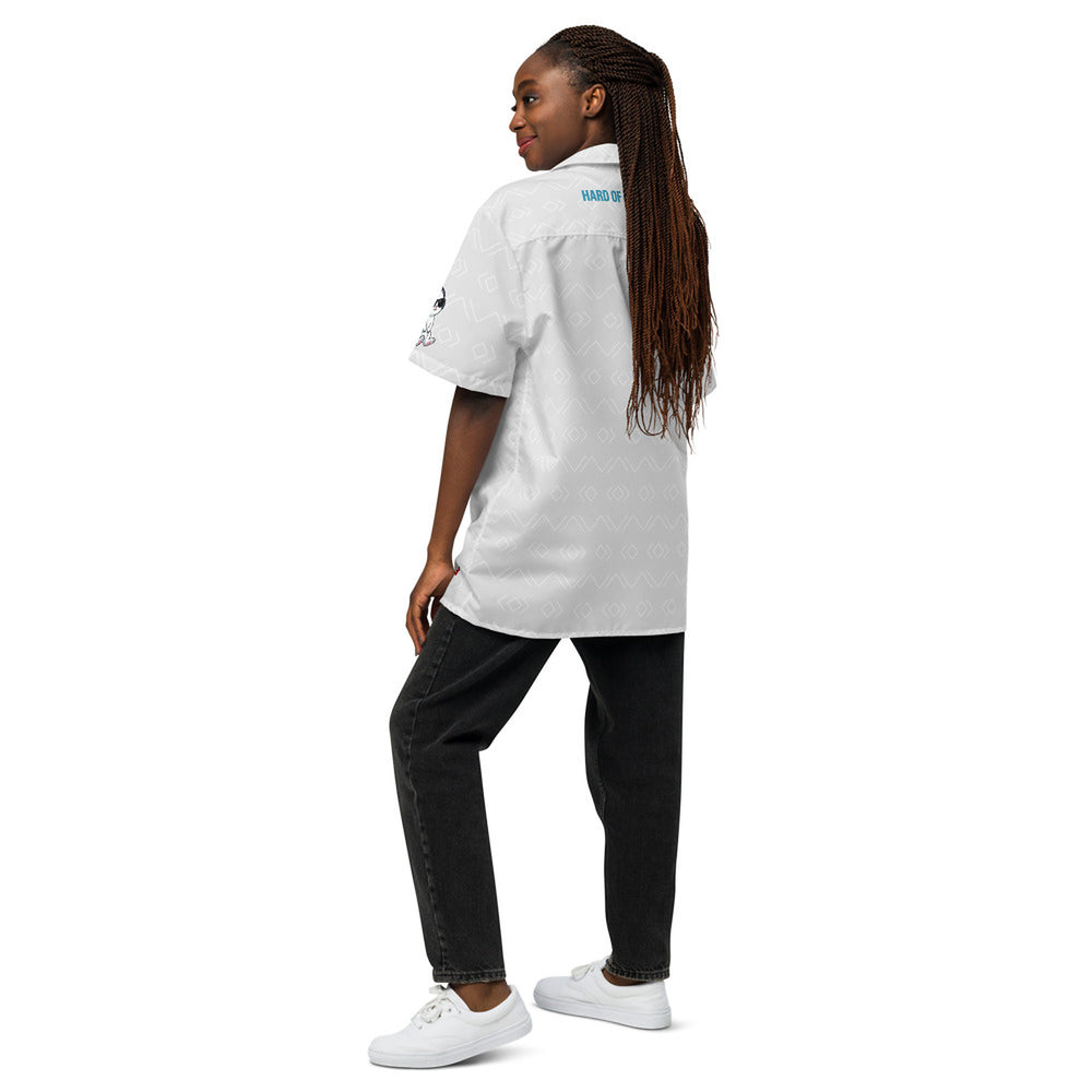 ILLTOCHILL Hard of Hearing awareness hearing impaired support Unisex button shirt – Women's Back (White)