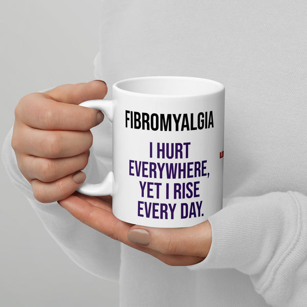 ILLTOCHILL Fibromyalgia awareness fibro gift White glossy mug – Lifestyle 3 Handle on Left