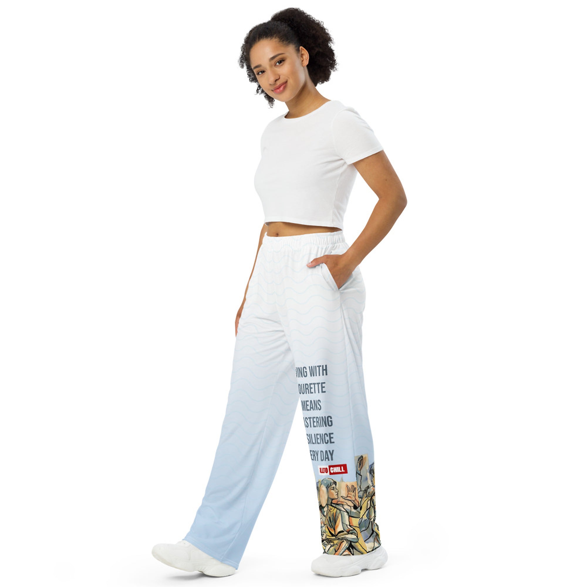 ILLTOCHILL Tourette's Syndrome Awareness Pants – Women's Left Front (White)