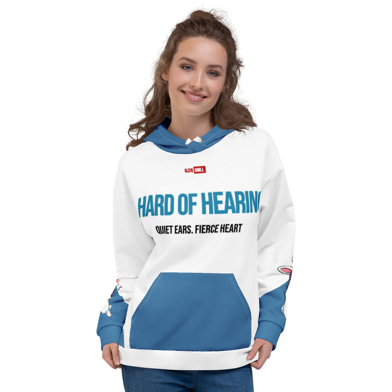 ILLTOCHILL Hard of hearing support gift for hearing impaired heavyweight Unisex hoodie – Women's Front (White)