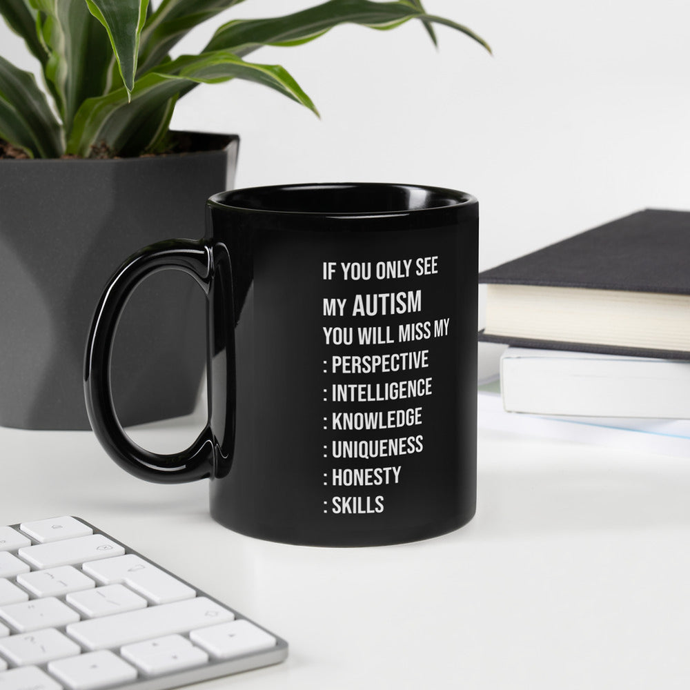 ILLTOCHILL Autism awareness neurodiversity gift Black Glossy Mug – Lifestyle 2 Handle on Left
