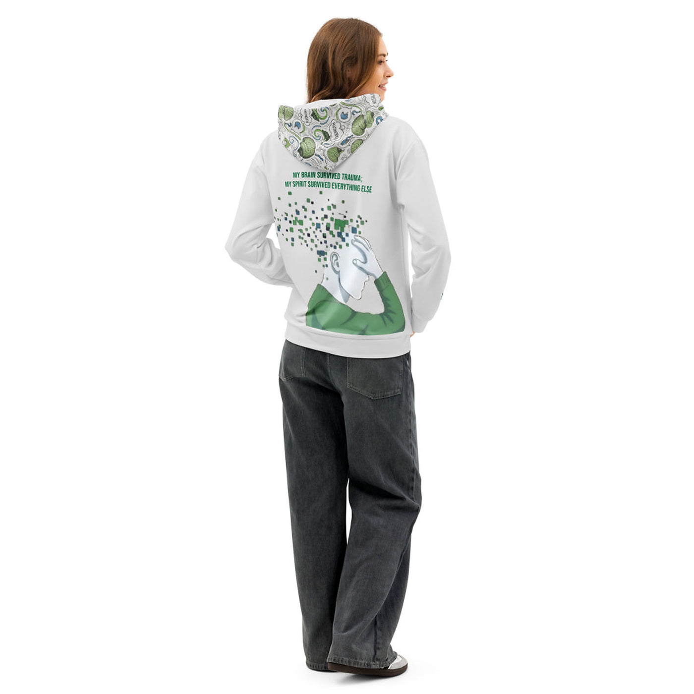 ILLTOCHILL TBI Traumatic brain injury support gift unisex cotton hoodie – Women's Back (White)