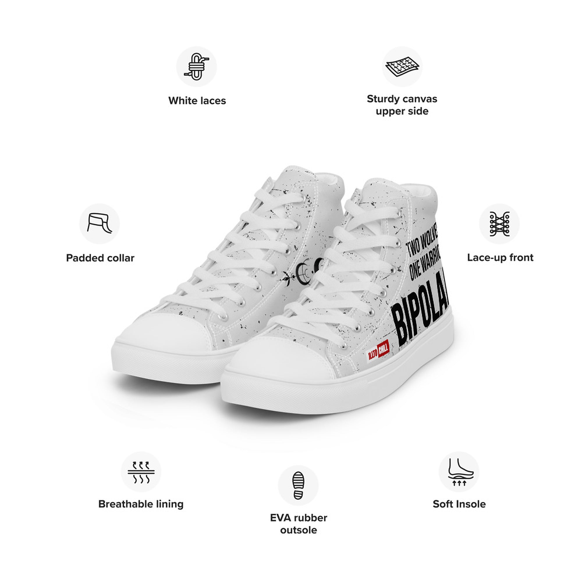 ILLTOCHILL Bipolar disorder gift Men’s high top canvas shoes – Product specs Left Front