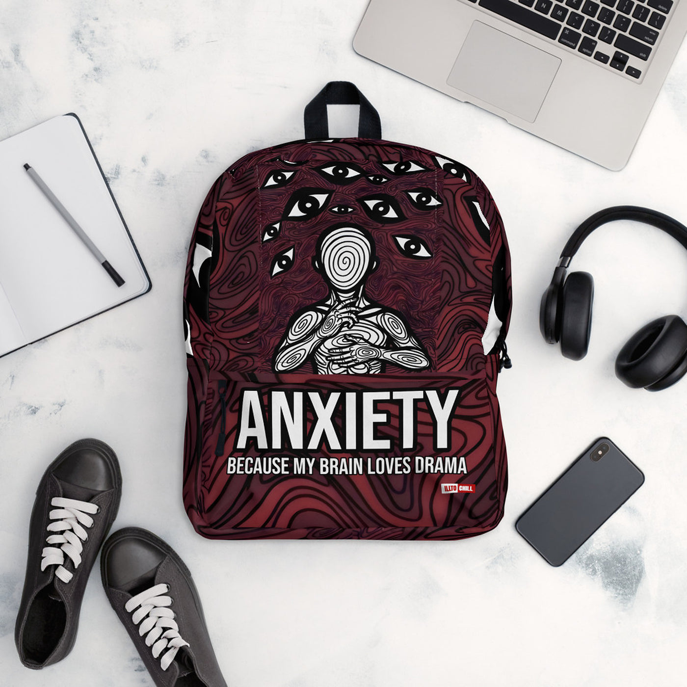 ILLTOCHILL Anxiety Awareness Backpack – Flat Lifestyle Front (Black)